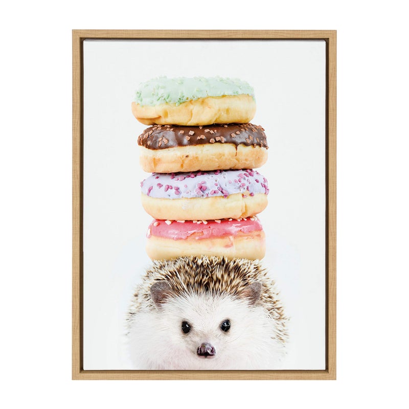 DesignOvation Sylvie Hedgehog Donuts Framed Canvas Wall Art by Amy Peterson, 18x24 Natural, Cute Baby Animal Portrait for Living Room, Bedroom, Or Nursery - Image 1